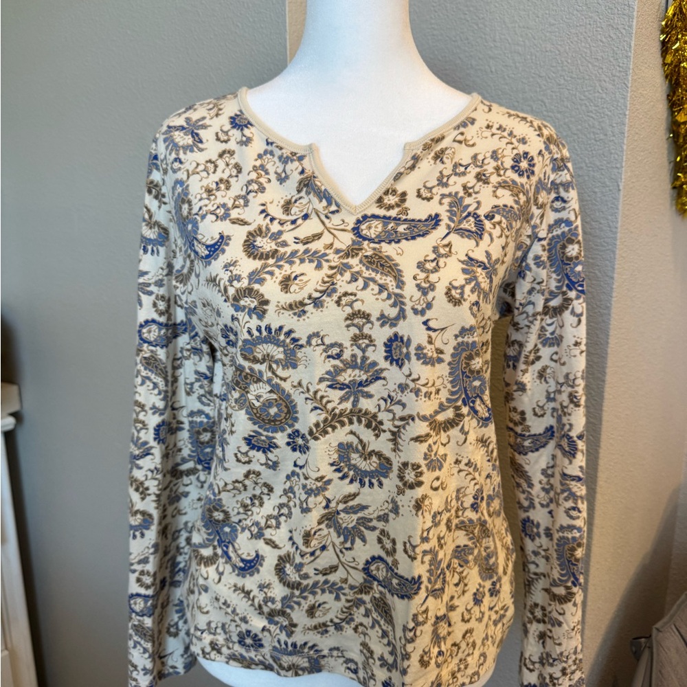 Floral Long Sleeve Top - Cream and Blue